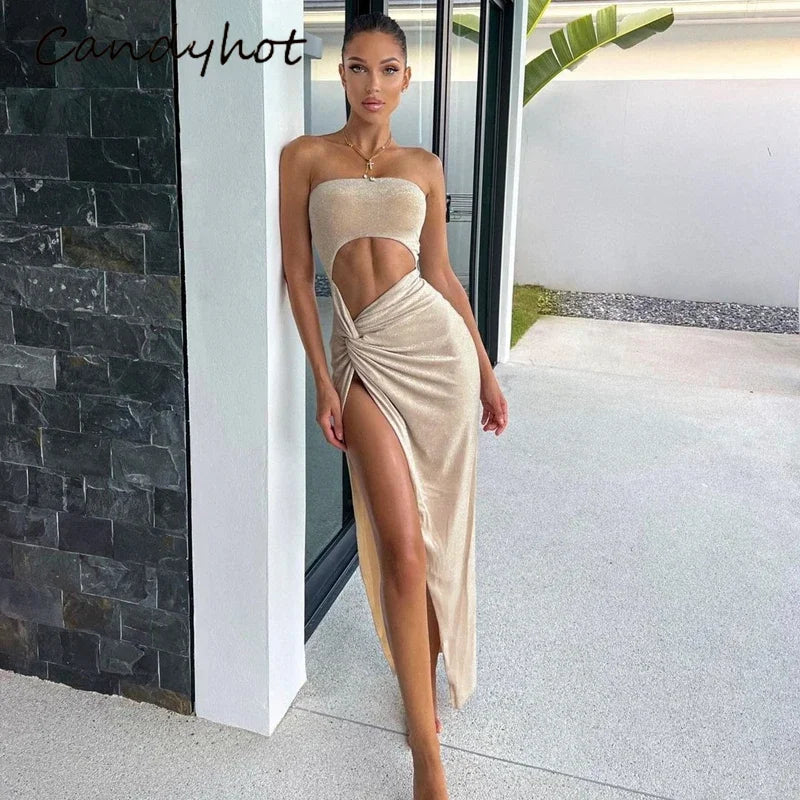 Sexy Sleeveless Slit Dress with Hollow Out Design and Elegant Skinny Fit Long Dress for Summer Ladies Party and Club Wear