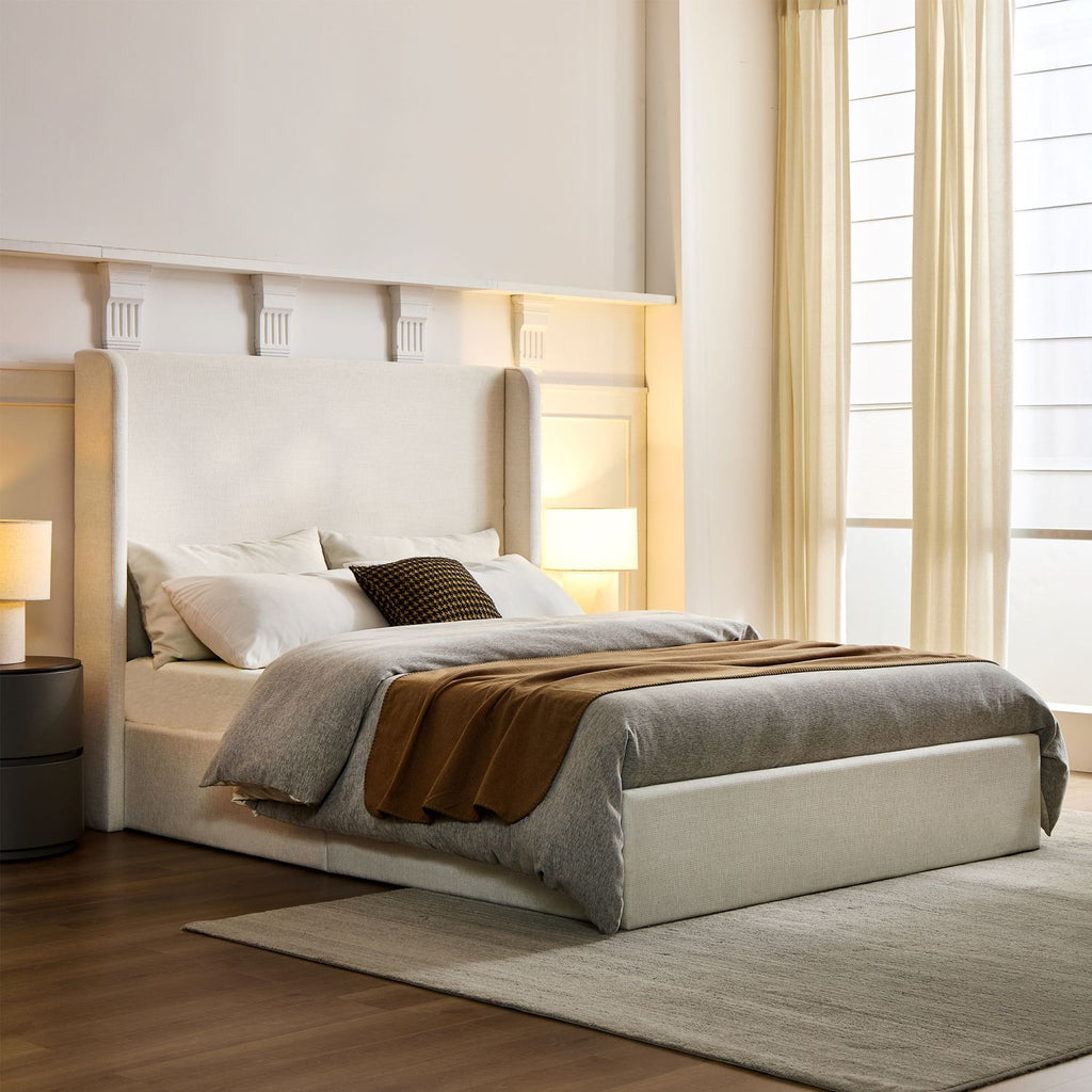 Carmen Upholstered Wingback Bed / Upholstered Platform Bed Frame / 52" High Headboard / Simplicity / Minimalist / No Box Spring Needed / California King / Textured Ivory Canvas / No Noise