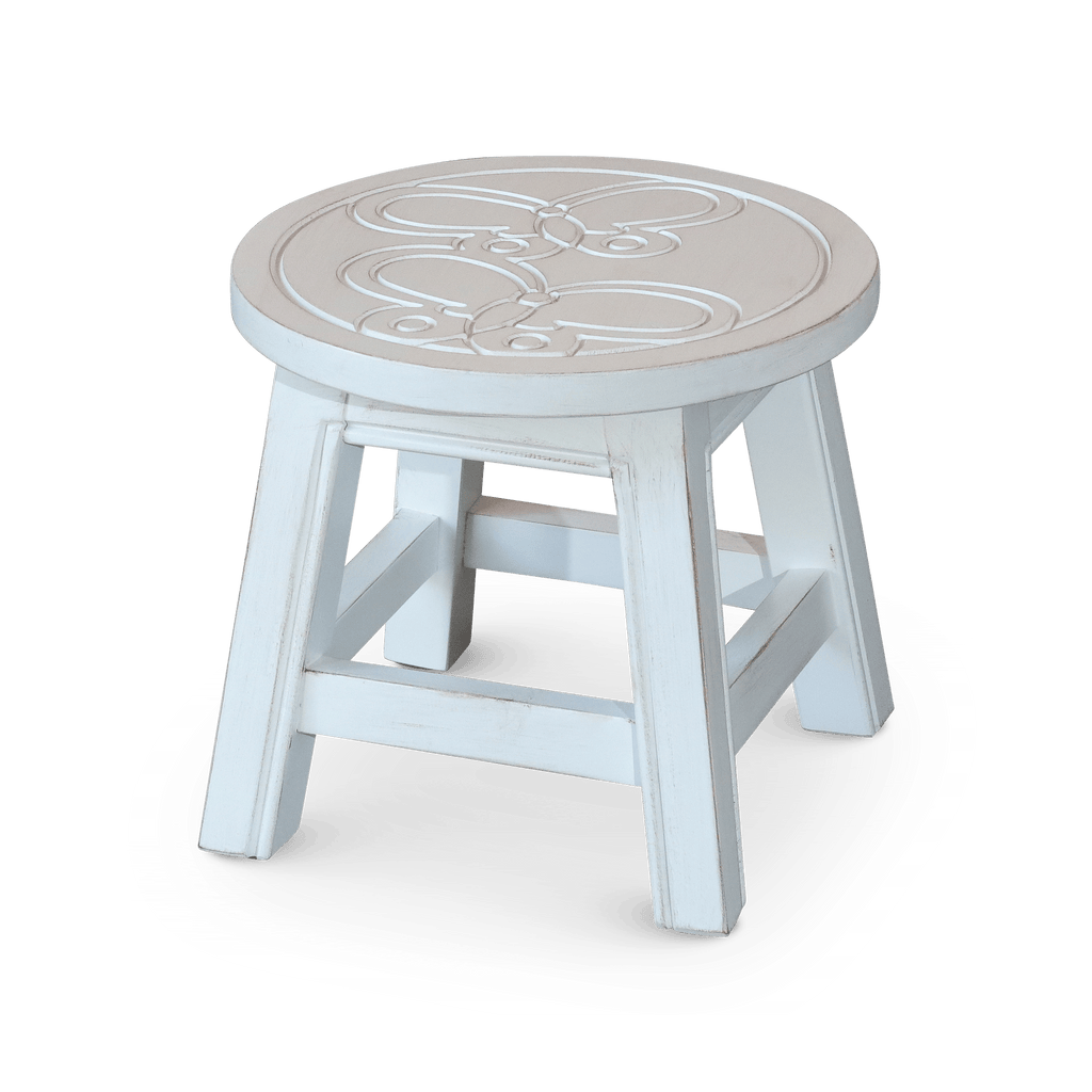 Carved Wooden Step Stool, Butterflies, Antique White