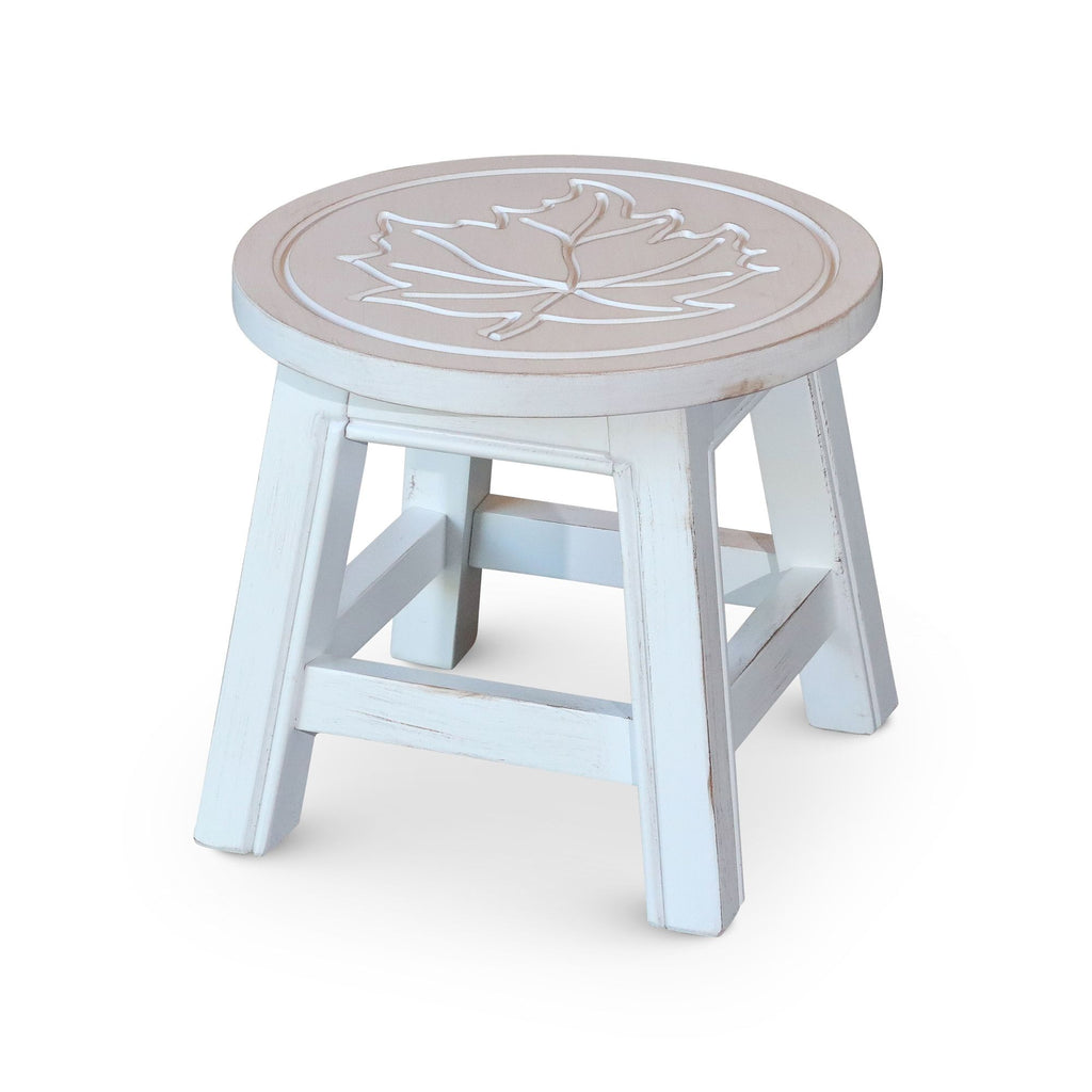 Carved Wooden Step Stool, Maple Leaf, Antique White