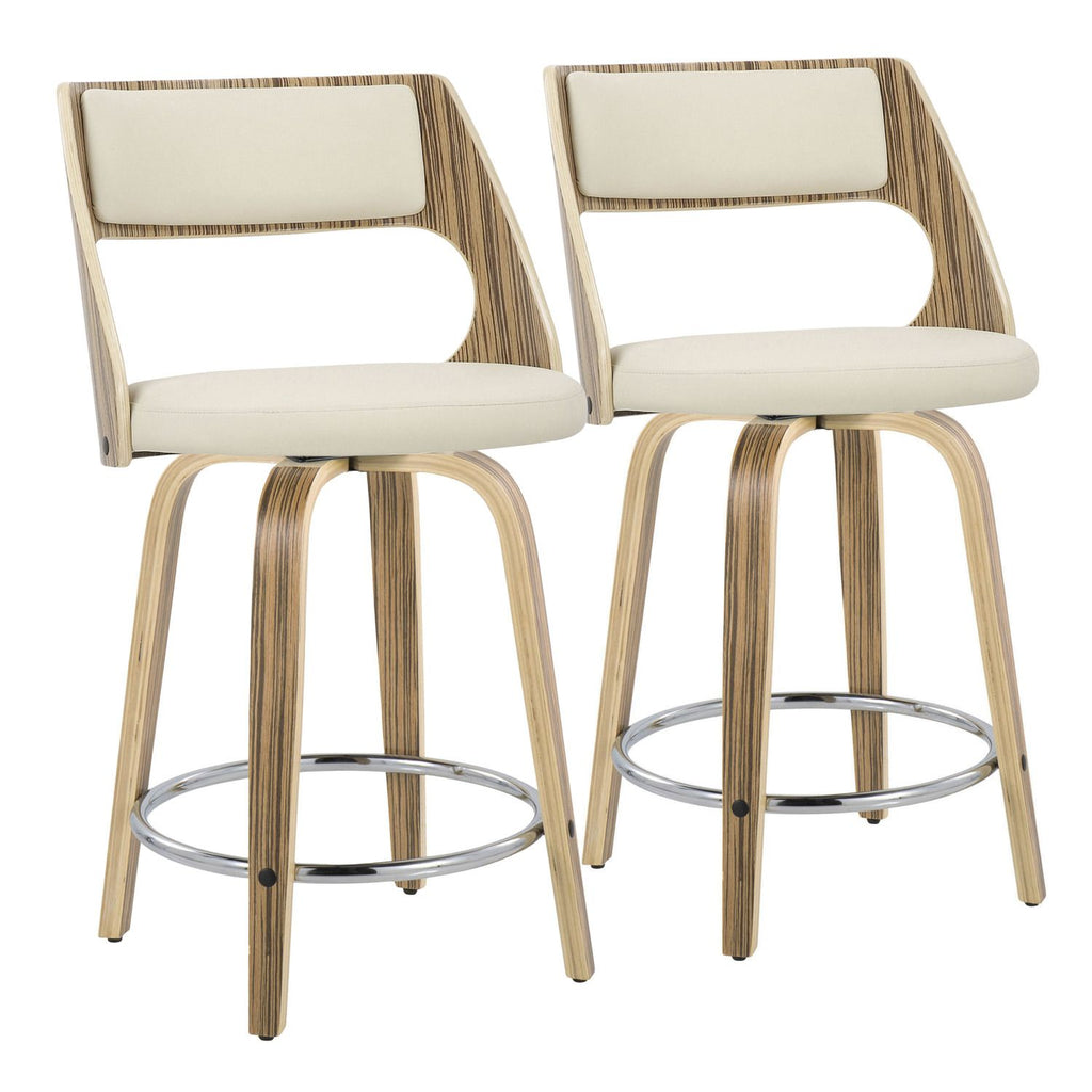 Cecina 24" Mid-Century Modern Fixed-Height Counter Stool with Swivel in Zebra Wood and Cream Faux Leather with Round Chrome Footrest by - Set of 2