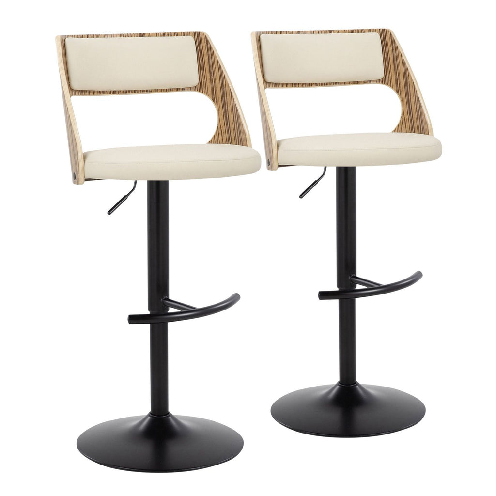 Cecina Contemporary Adjustable Barstool with Swivel in Black Metal, Zebra Wood and Cream Faux Leather with Rounded T Footrest by - Set of 2