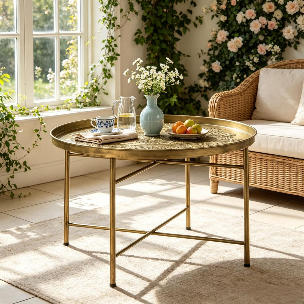 Center Table,Side Table with Hammered Floral Pattern Top,End Table,Round Coffee Table,Multi-Functional Circular Center Table for Living Room and Tea Time(Only Center Table)