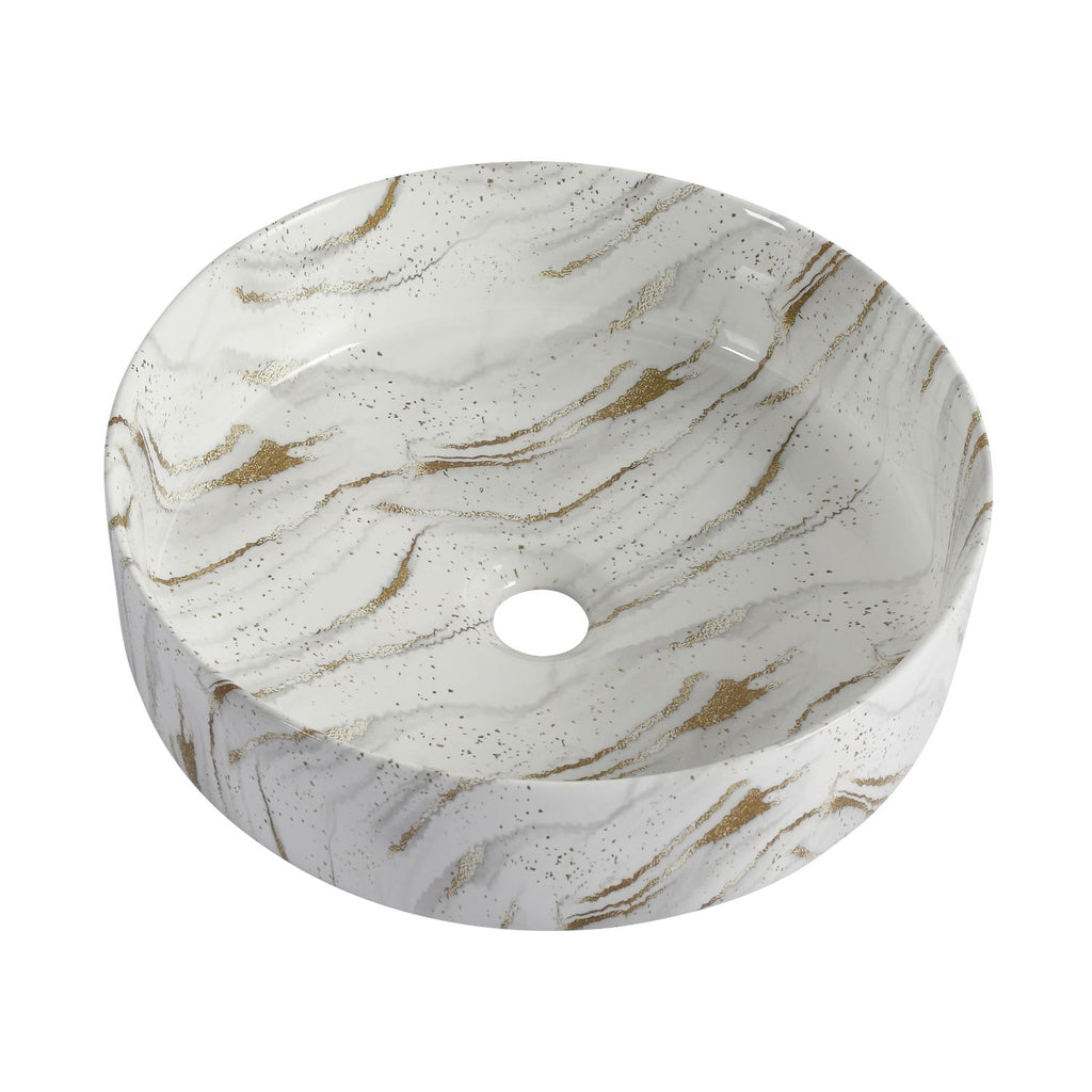 Ceramic Round Above Counter Bathroom Sink Art Basin, White Background With Golden Lines (BAA0014012PP)