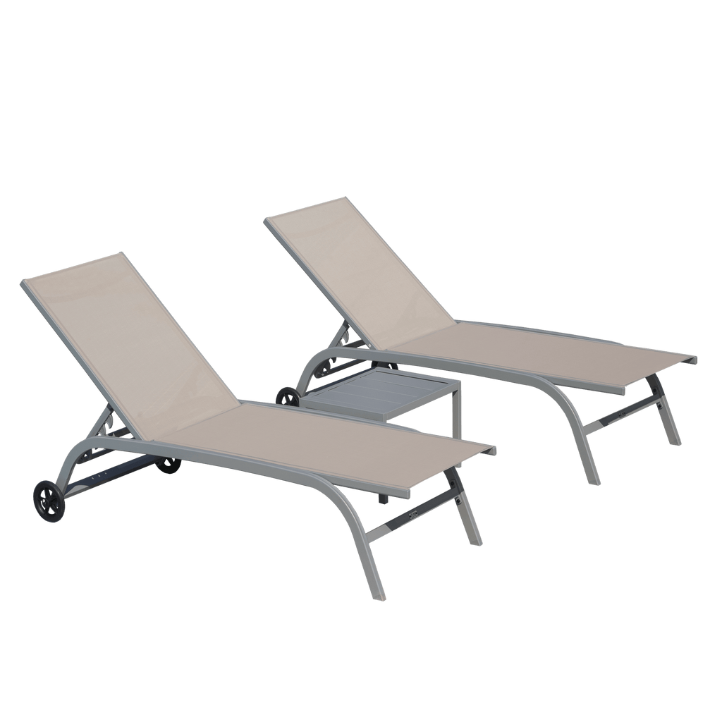 Chaise Lounge Outdoor Set of 3, Lounge Chairs for Outside with Wheels, Outdoor Lounge Chairs with 5 Adjustable Position, Pool Lounge Chairs for Patio, Beach (Khaki,2 Lounge Chairs+1 Table)