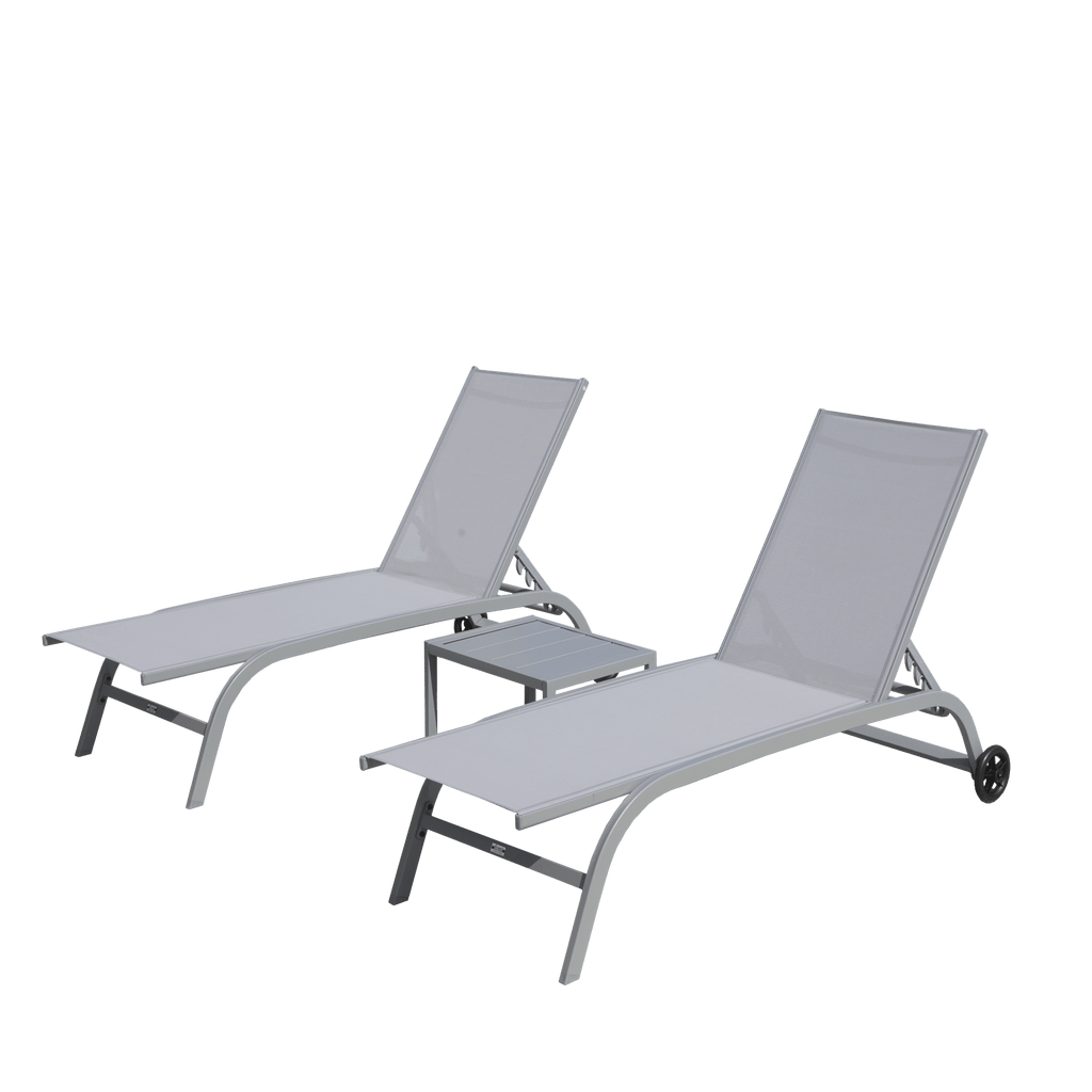 Chaise Lounge Outdoor Set of 3, Lounge Chairs for Outside with Wheels, Outdoor Lounge Chairs with 5 Adjustable Position, Pool Lounge Chairs for Patio, Beach(Grey,2 Lounge Chairs+1 Table)