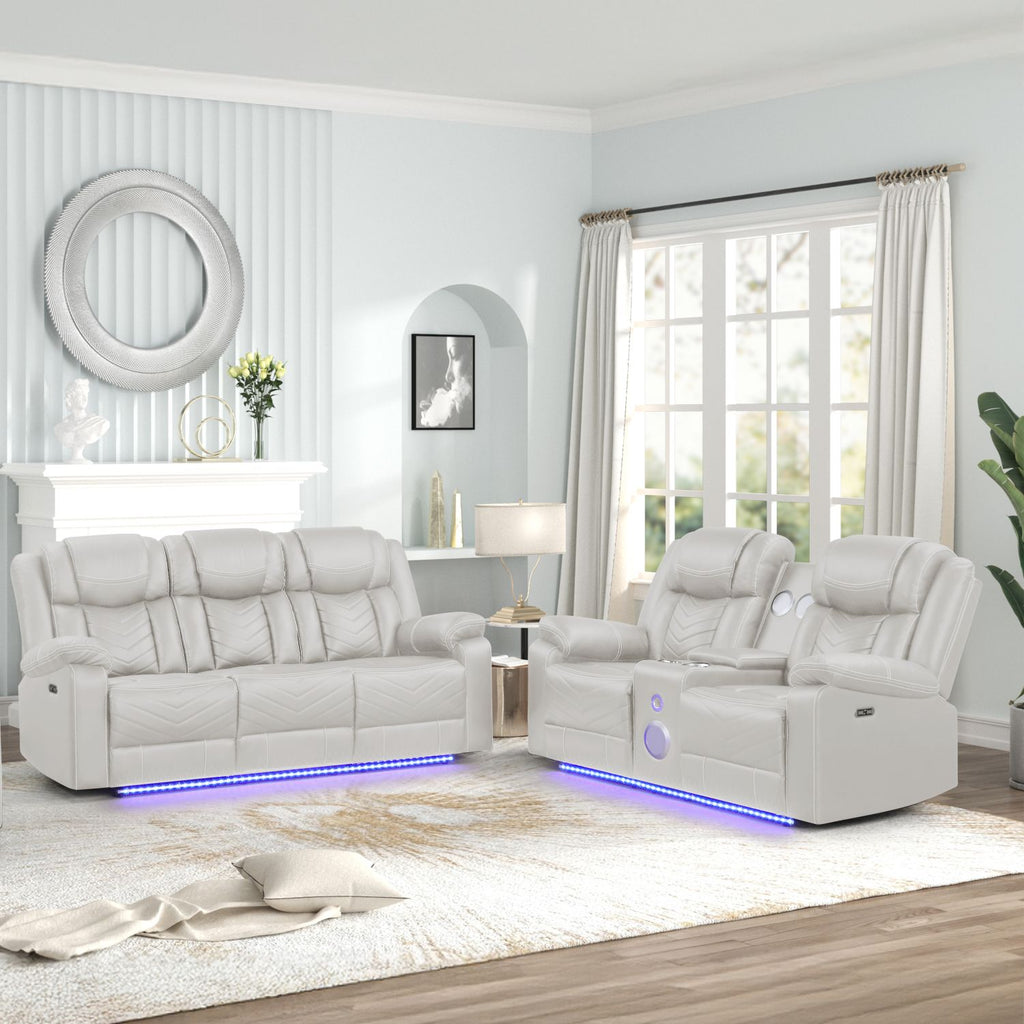 Challenger Modern Contemporary LED Power Recliner 2PC(Sofa + Loveseat) including cup holders Loveseat with console & Bluetooth speakers made with wood and metal frame in Beige
