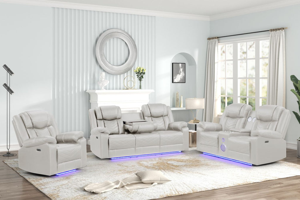 Challenger Modern Contemporary LED Power Recliner 3PC(Sofa + Loveseat + Chair) including cup holders Loveseat with console & Bluetooth speakers made with wood and metal frame in Beige