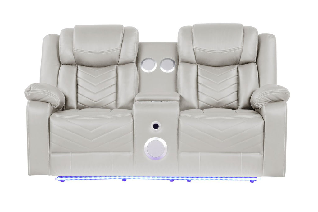 Challenger Modern Contemporary LED Power Recliner Loveseat with console, storage, stainless cup holder, Bluetooth speaker in Beige