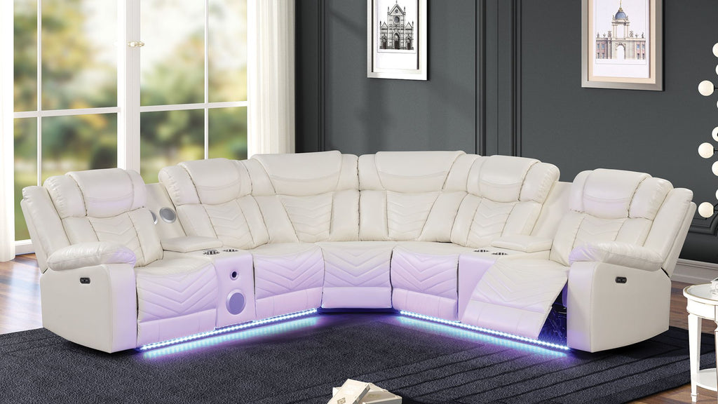 Challenger Modern Style Recliner Sectional Sofa, Built in USB-C Ports & Bluetooth, made with Wood & Faux Leather in Ice