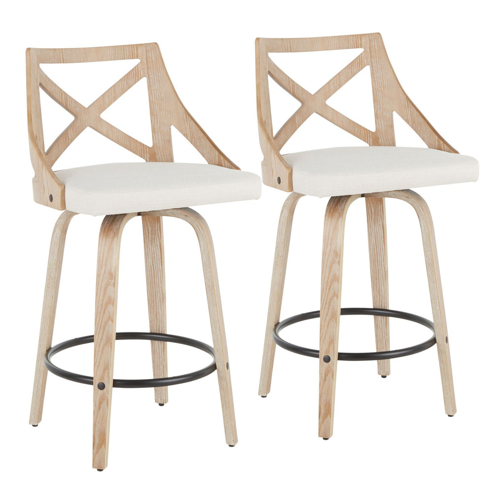 Charlotte 26" Farmhouse Fixed Height Counter Stool with Swivel in White Washed Wood and Cream Fabric by - Set of 2