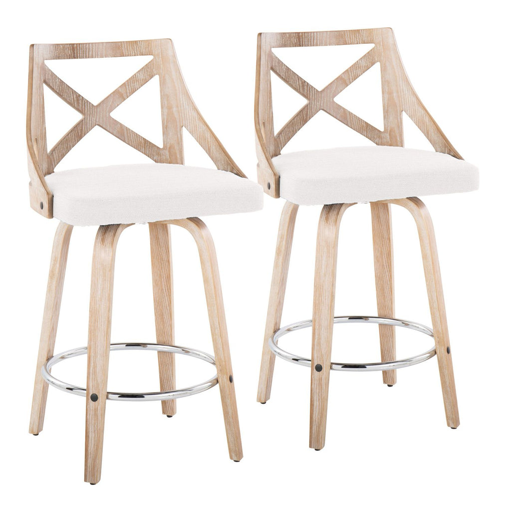 Charlotte 26" Farmhouse Fixed-Height Counter Stool with Swivel in White Washed Wood, Cream Fabric and Round Chrome Metal Footrest by - Set of 2