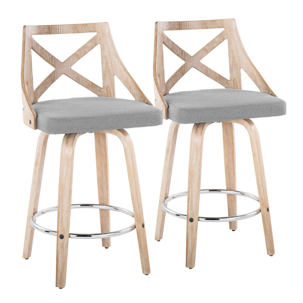 Charlotte 26" Farmhouse Fixed-Height Counter Stool with Swivel in White Washed Wood, Light Grey Fabric with Round Chrome Metal Footrest by - Set of 2