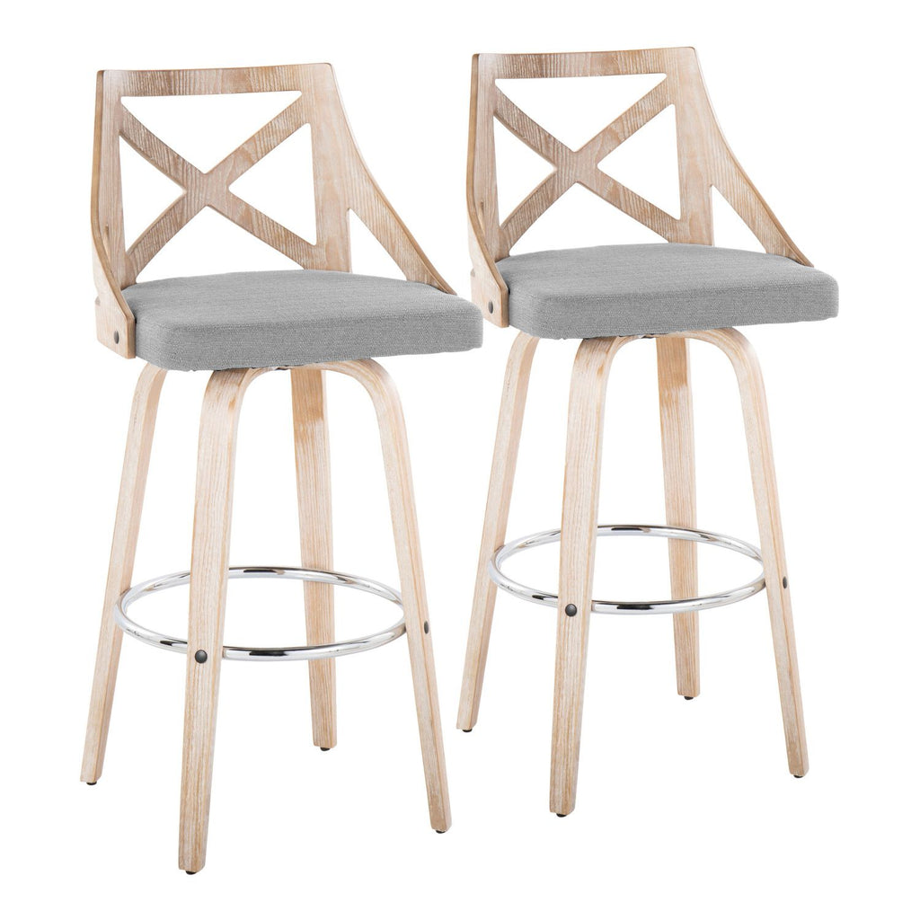 Charlotte 30" Farmhouse Fixed-Height Barstool with Swivel in White Washed Wood and Light Grey Fabric with Round Chrome Metal Footrest by - Set of 2