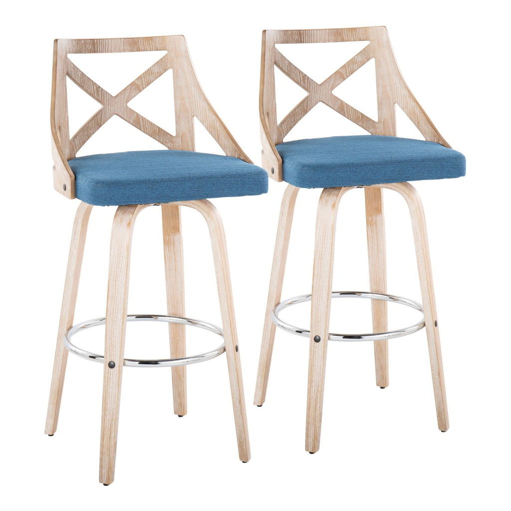 Charlotte 30" Farmhouse Fixed-Height Barstool with Swivel in White Washed Wood, Blue Fabric and Round Chrome Metal Footrest by - Set of 2