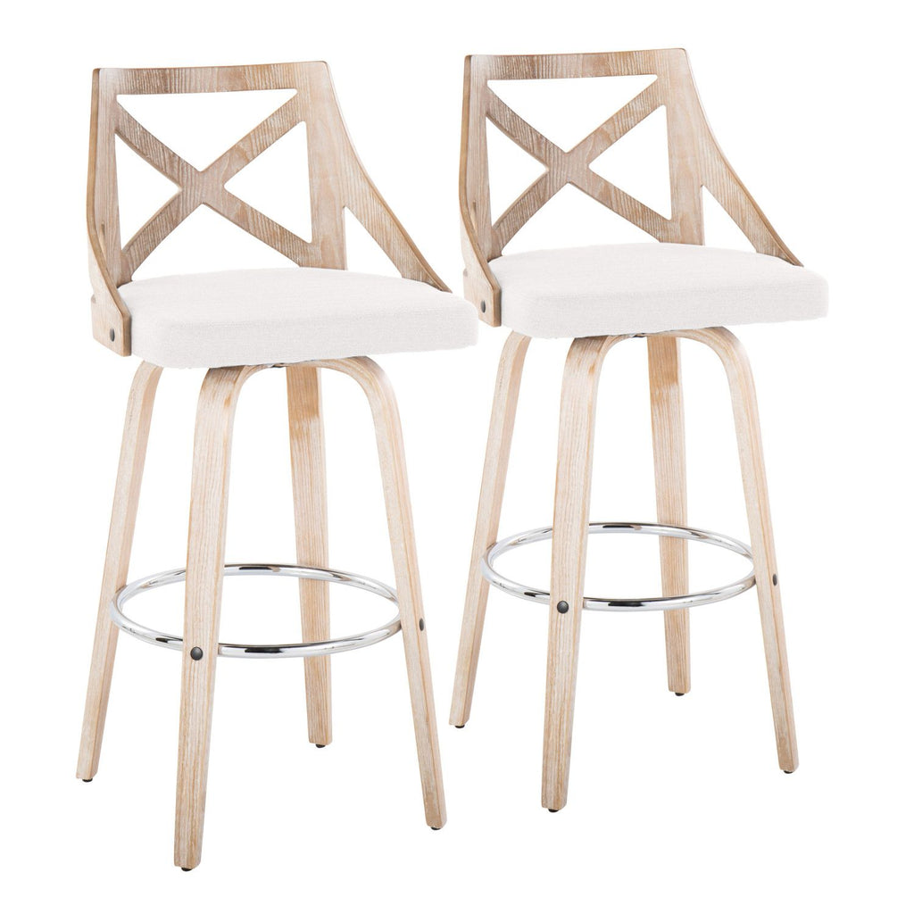 Charlotte 30" Farmhouse Fixed-Height Barstool with Swivel in White Washed Wood, Cream Fabric and Round Chrome Metal Footrest by - Set of 2