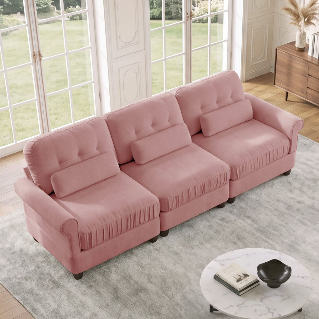 Chenille 3-Seater Modular Couch, Ruffled Skirt, Rolled Arms and Matching Lumbar Pillows, Padded High-Density Seating Cushion, Simple Setup for Living Room, Condo & Guest Area,Pink