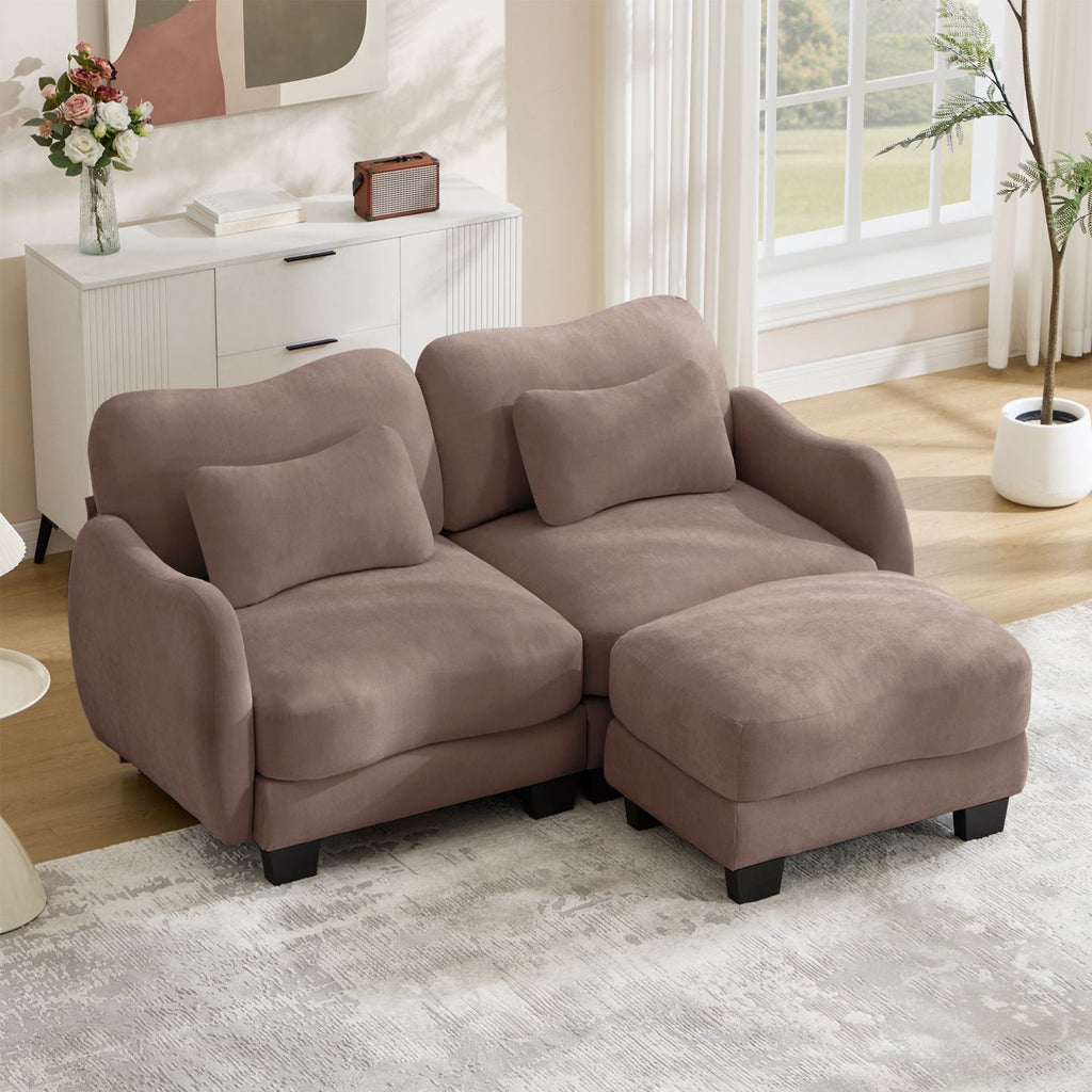 Chenille Supportive L-Shaped Loveseat Sofa with Delicate Waist Pillow,Ergonomic Curve Design, With Movable Ottoman, Easy Assembly for Living Room,Rose Dust