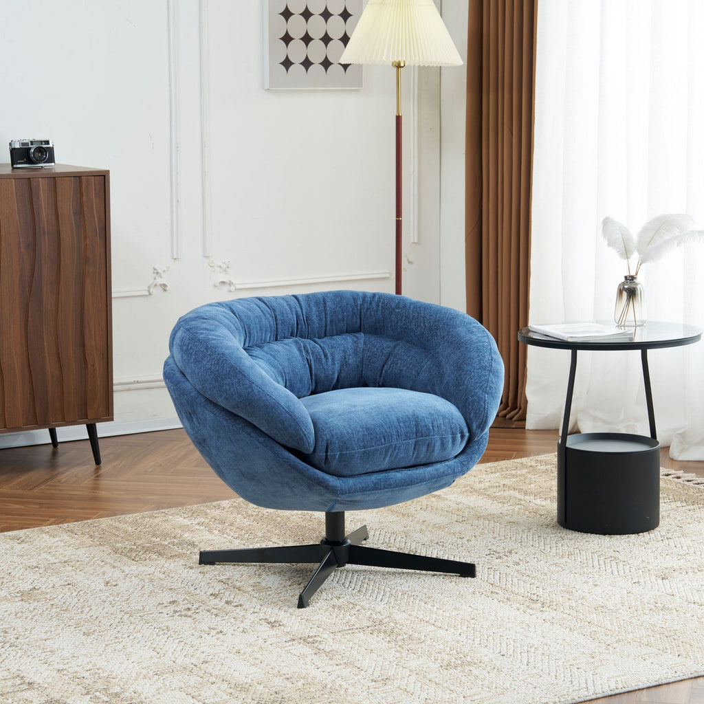 Chenille Upholstered 360° Swivel Club Chair/Accent Chair with Removable Cushion, Round Office Chair with Black Metal Base, Cotton Material, Living Room, Bedroom, Reading Corner, Office (Navy Blue)