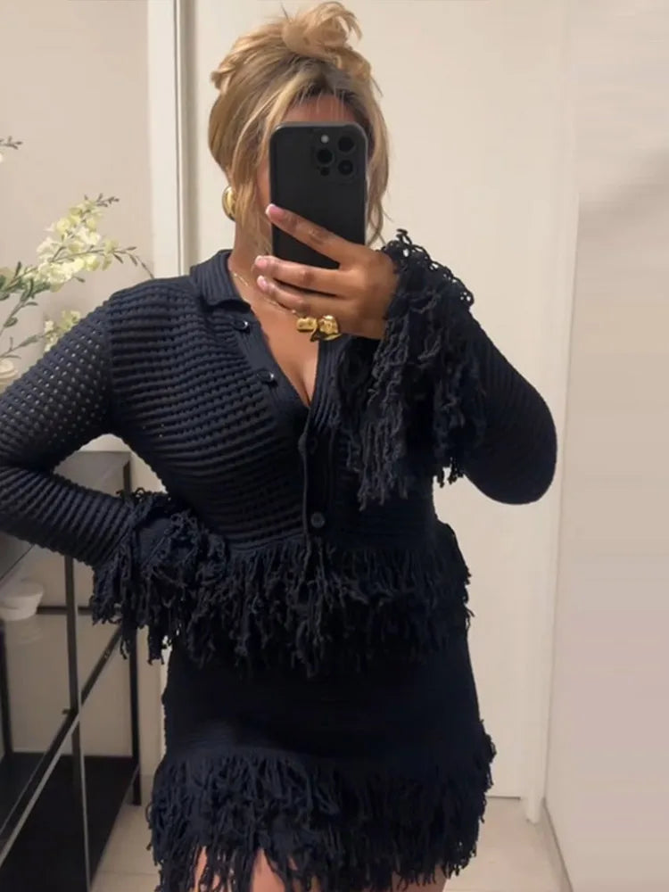 Women’s Knit Tassel Cardigan and Hollow Out Single Breasted A-line Mini Skirt Set Stylish Spring Outfit