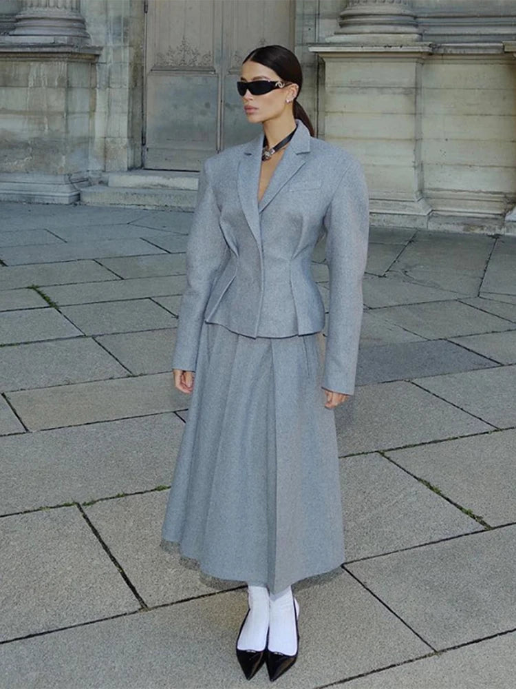 Elegant Women’s Woolen Coat and Skirt Set Grey Lapel Blazer with Hidden Buckle and Pleated Midi Skirt Autumn Winter Fashion Ensemble