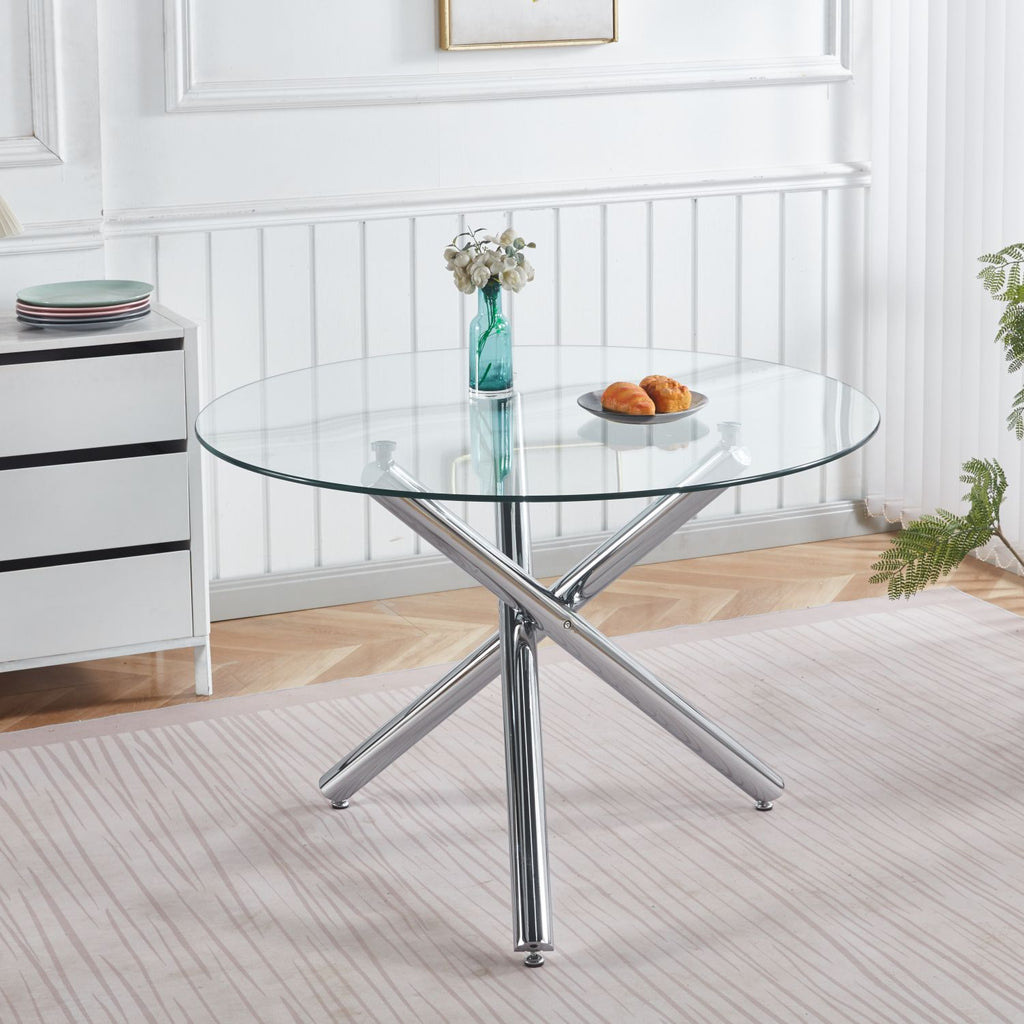 Chrome Dining Table with metal leg and glass,Modern Space Saving Kitchen Table for Living Room,110X110X75CM