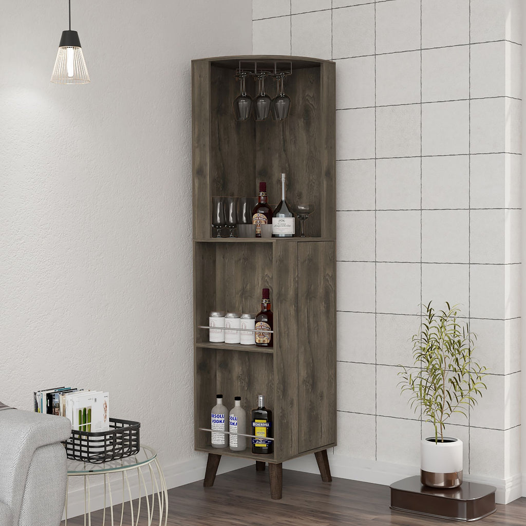 Cincinatti Corner Bar Cabinet, Cup Rack, Two External Shelves, One Drawer, Four Legs -Dark Brown