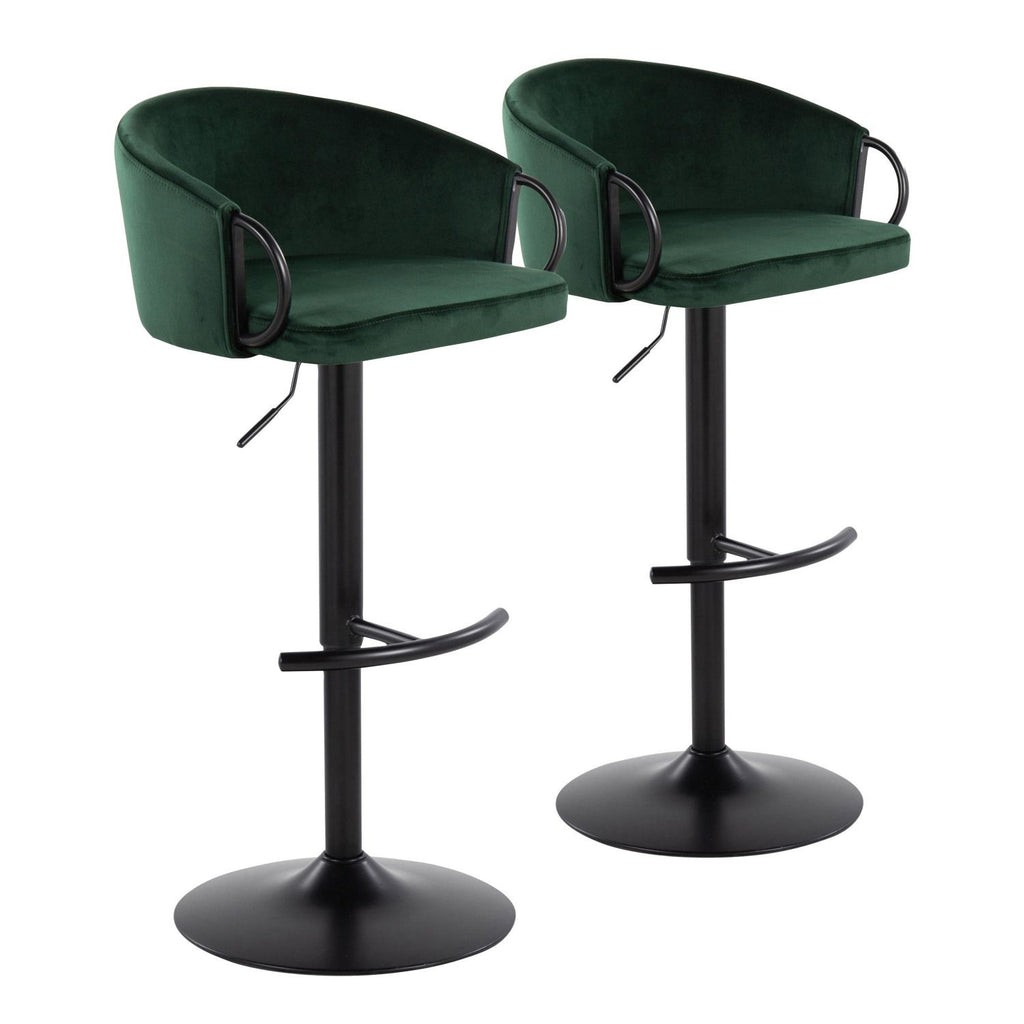 Claire Contemporary Adjustable Barstool with Swivel in Black Metal and Green Velvet with Rounded T Footrest by - Set of 2