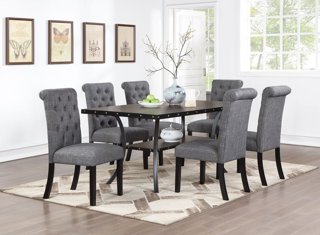 Classic Dining Room Furniture Natural Wooden Rectangle Top Dining Table 6x Side Chairs Charcoal Fabric Tufted Toll Back Top Back Chair and Storage Shelve 7pc Dining Set