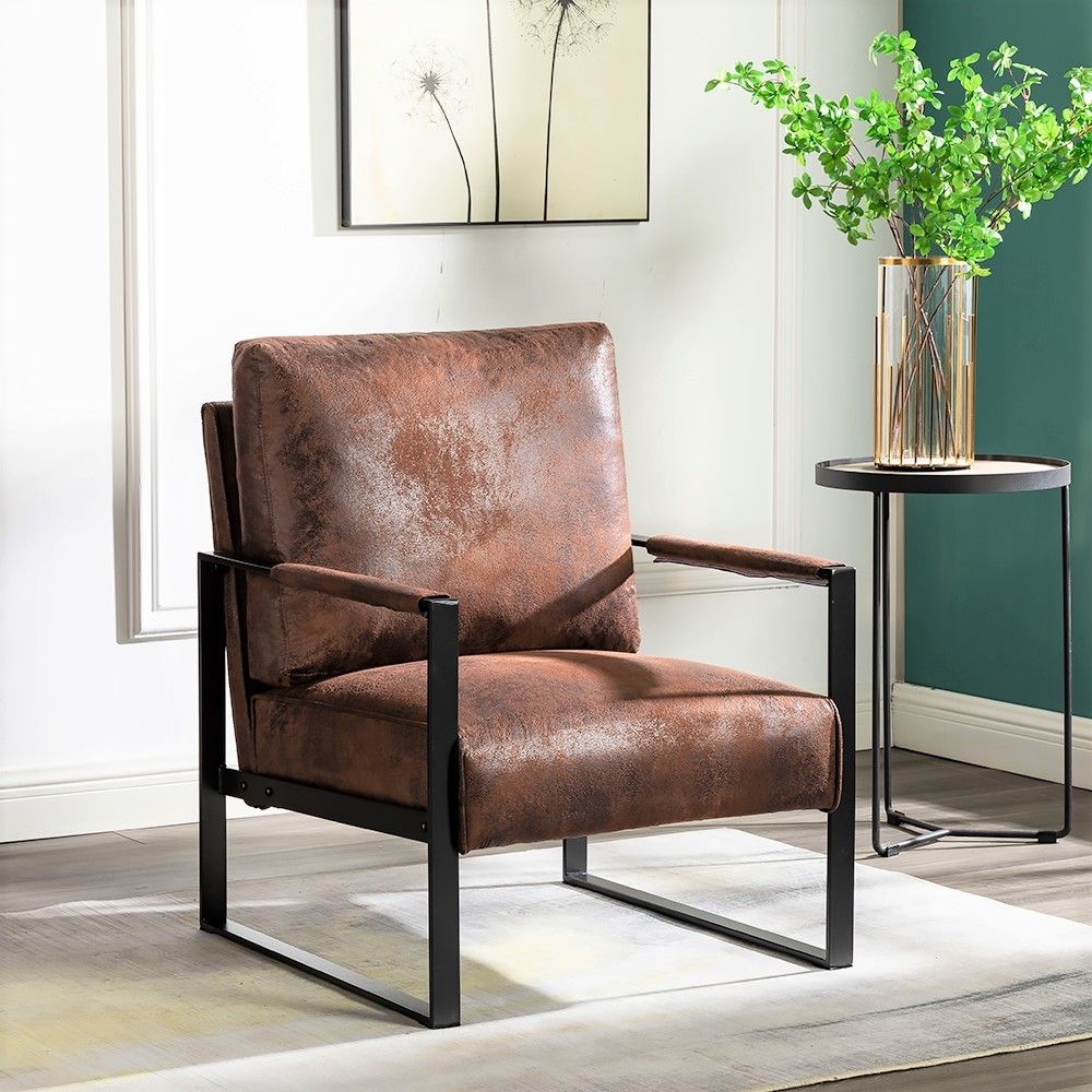 Classic Mid Century Modern Accent Chair with Durable Square Metal Frame, Armchair for Living Room, Bedroom, Home Office in Spotted Microfiber Upholstery, Brown
