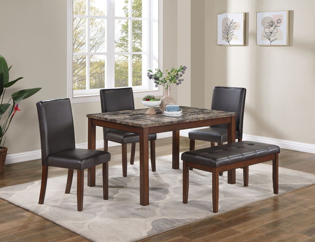 Classic Stylish Espresso Finish 5pc Dining Set Kitchen Dinette Faux Marble Top Table Bench and 3x Chairs Faux Leather Cushions Seats Dining Room