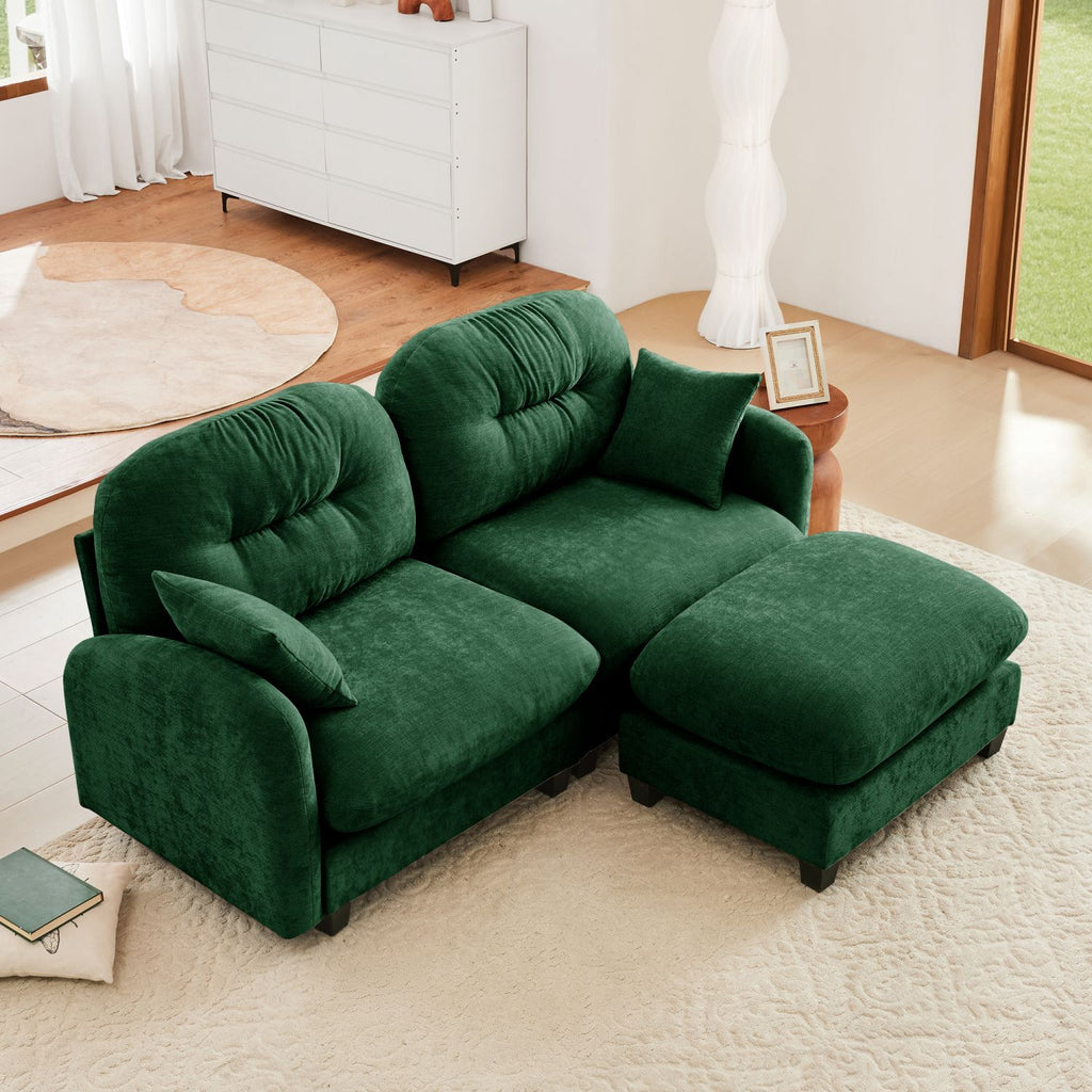 Cloud Sectional L-Shaped Couch With Ottoman,Soft Chenille Fabric,Quilted Pleated Design High-Density Foam,Fits Bedrooms Living Rooms Reading Nooks,Green