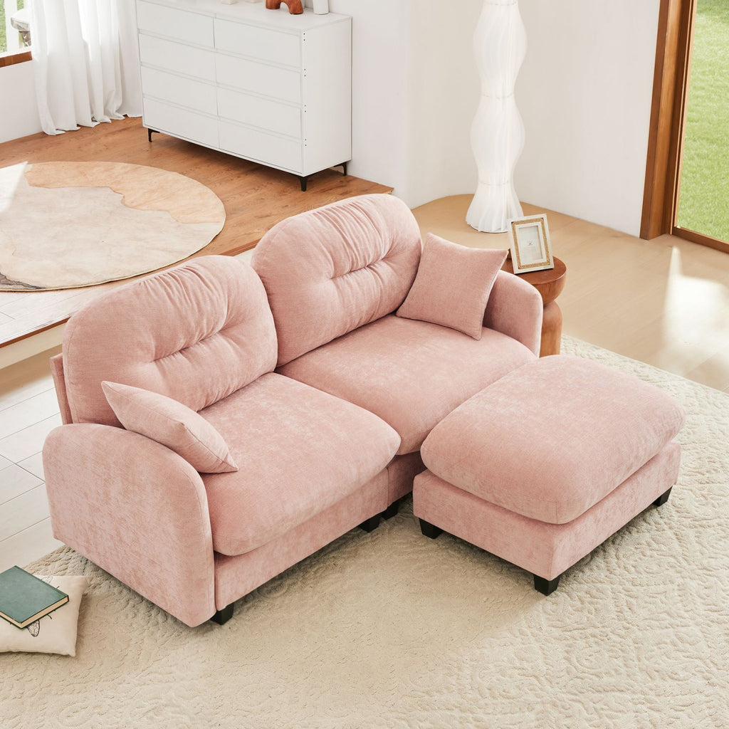 Cloud Sectional L-Shaped Couch With Ottoman,Soft Chenille Fabric,Quilted Pleated Design High-Density Foam,Fits Bedrooms Living Rooms Reading Nooks,Pink