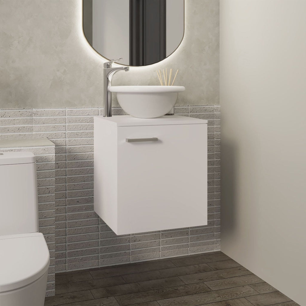 Clyde Floating, Wide One-Door Cabinet Vanity, With Wessel Sink And One Shelf, Bathroom Storage, White