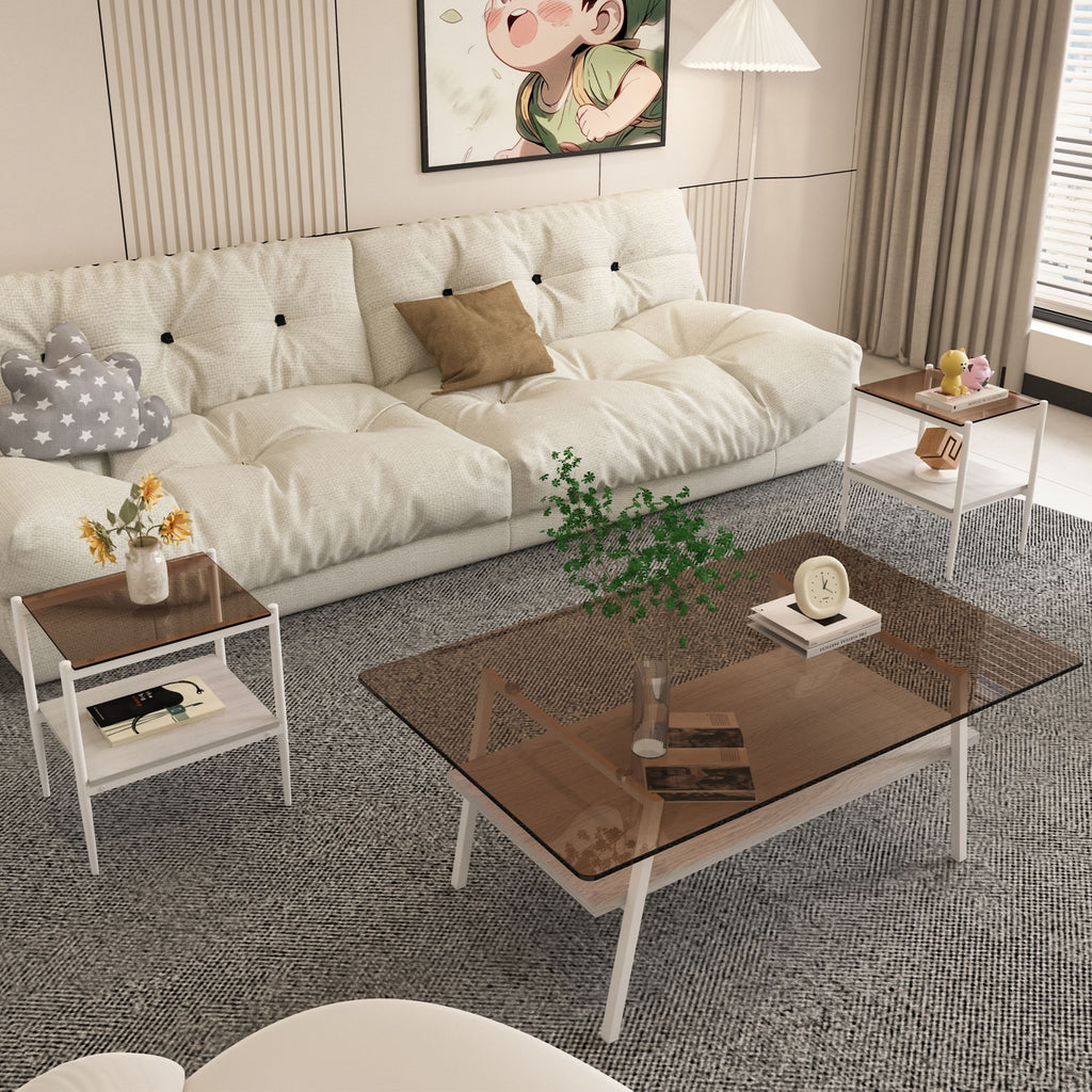 Coffee Table and End tables Set of 3, Tempered Glass Table with MDF layer, Modern Tables for Living Room , Brown Glass