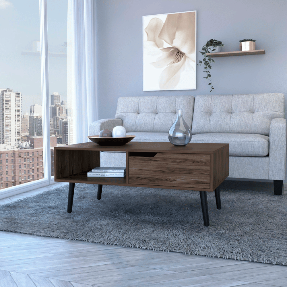 Coffee Table, One Open Shelf, One Drawer, Dark Walnut