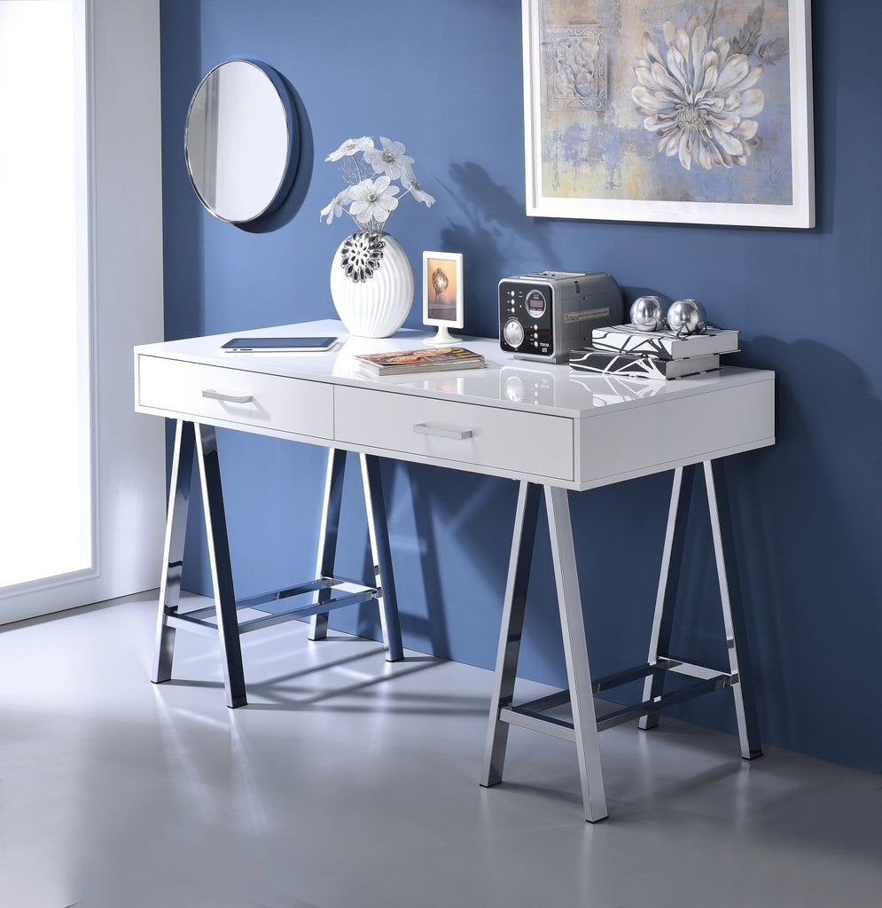 Coleen White High Gloss & Chrome Finish Writing Desk W/USB