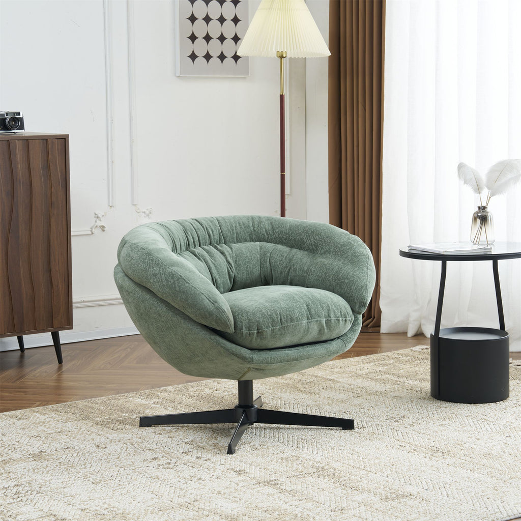 COMFY Chenille Upholstered 360° Swivel Club Chair/Accent Chair with Removable Cushion, Round Office Chair with Black Metal Base, Cotton Material, Living Room, Bedroom, Reading Corner, Office (Green)