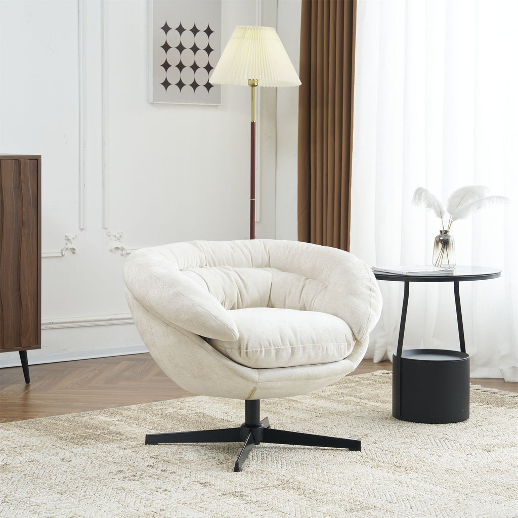 COMFY Chenille Upholstered 360° Swivel Club Chair/Accent Chair with Removable Cushion, Round Office Chair with Black Metal Base, Cotton Material, Living Room, Bedroom, Reading Corner, Office (Beige)