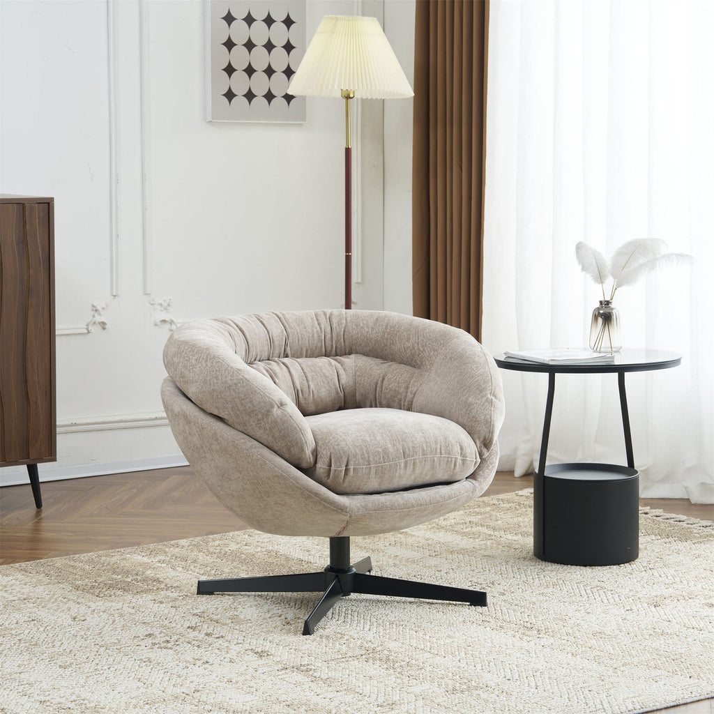 COMFY Chenille Upholstered 360° Swivel Club Chair/Accent Chair with Removable Cushion, Round Office Chair with Black Metal Base, Cotton Material, Living Room, Bedroom, Reading Corner, Office (Brown)