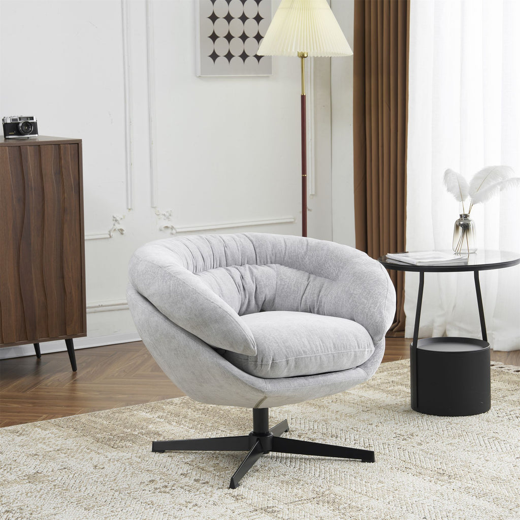 COMFY Chenille Upholstered 360° Swivel Club Chair/Accent Chair with Removable Cushion, Round Office Chair with Black Metal Base, Cotton Material, Living Room, Bedroom, Reading Corner, Office (Gray)