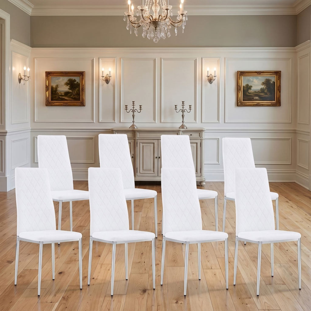 Commercial PU Leather Dining Chairs Set of 8, Diamond Tufted High Back Upholstered Side Chairs with Chrome Legs for Hotel, Restaurant, Home Kitchen (White/Black/Grey)
