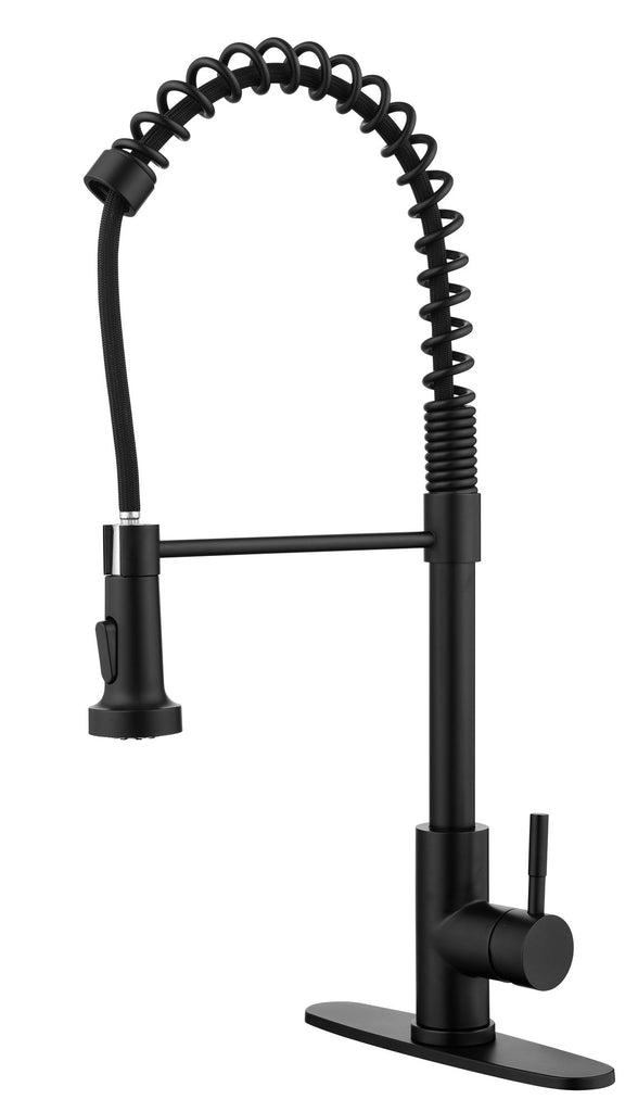 Commercial Spring Kitchen Faucets Matte Black with Pull Out Sprayer, Stainless Steel Single Handle One Hole Kitchen Sink Faucet, Industrial 3-Hole Sink Faucet for Camper Laundry Bar,