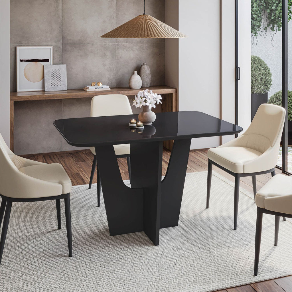 Compact 4 Seater Italian Dining Table with Painted Glass Top and Wooden Base, Black