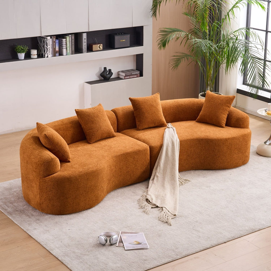 Compression Sponge Sofa Orange Curved Modular Sectional, 30D High-Density Chenille Sleeper Couch for Apartment, Living Room,110"L