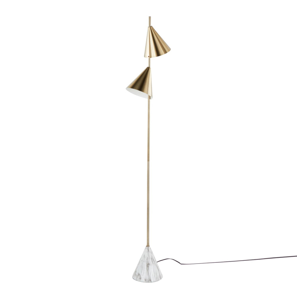 Cone 65" Glam Metal Floor Lamp in Brushed Gold Metal with White Faux Marble Metal Base by