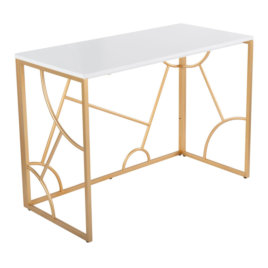 Constellation Contemporary Desk in Gold Metal and White Wood by