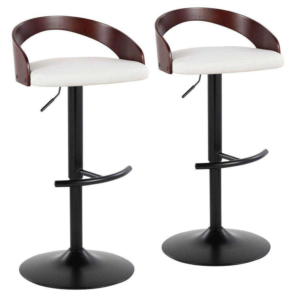 Contemporary Adjustable Barstool with Swivel in Black Metal, Cherry Wood and White Faux Leather with Rounded T Footrest - Set of 2