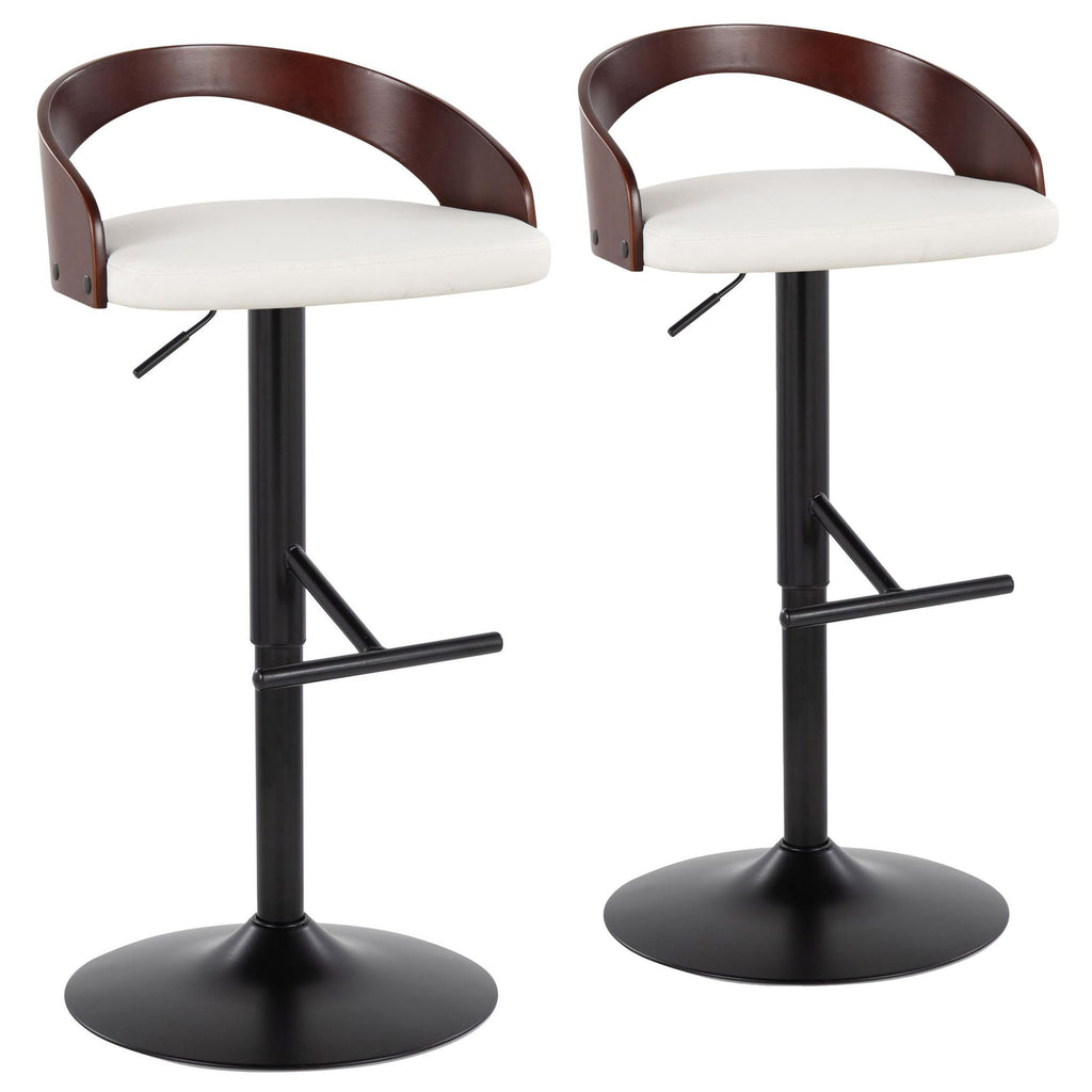 Contemporary Adjustable Barstool with Swivel in Black Metal, Cherry Wood and White Faux Leather with Straight T Footrest - Set of 2