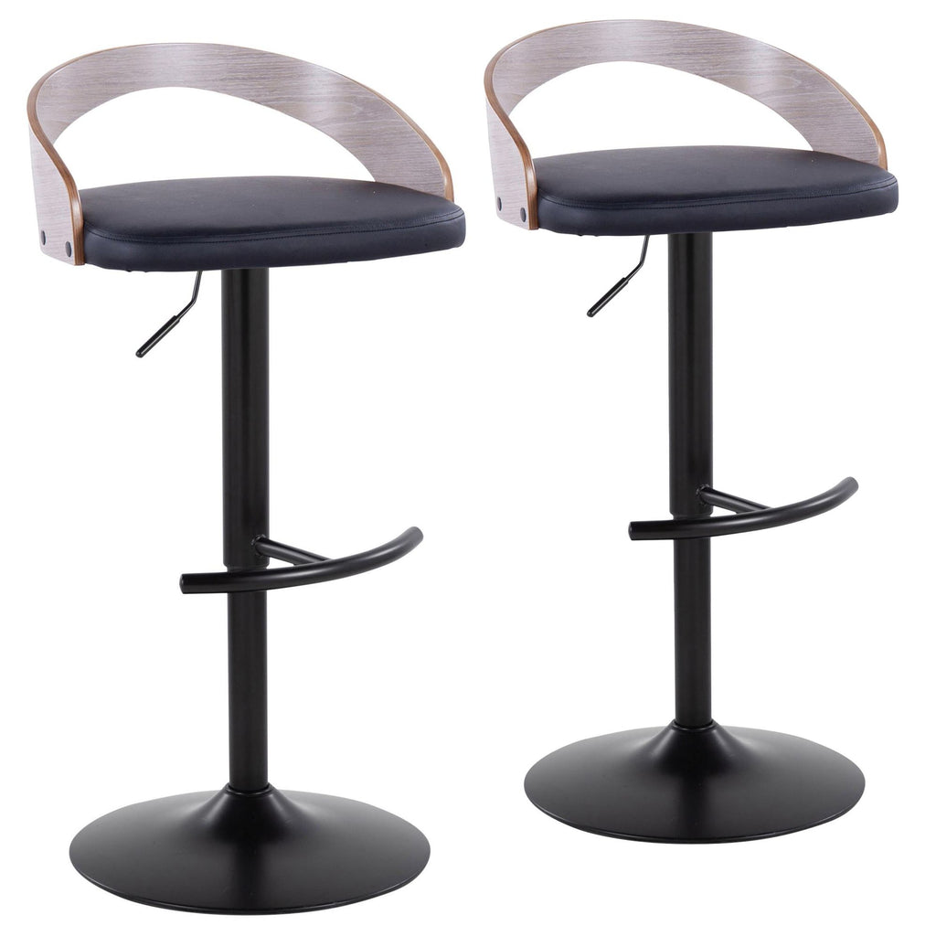 Contemporary Adjustable Barstool with Swivel in Black Metal, Light Grey Wood and Black Faux Leather with Rounded T Footrest - Set of 2